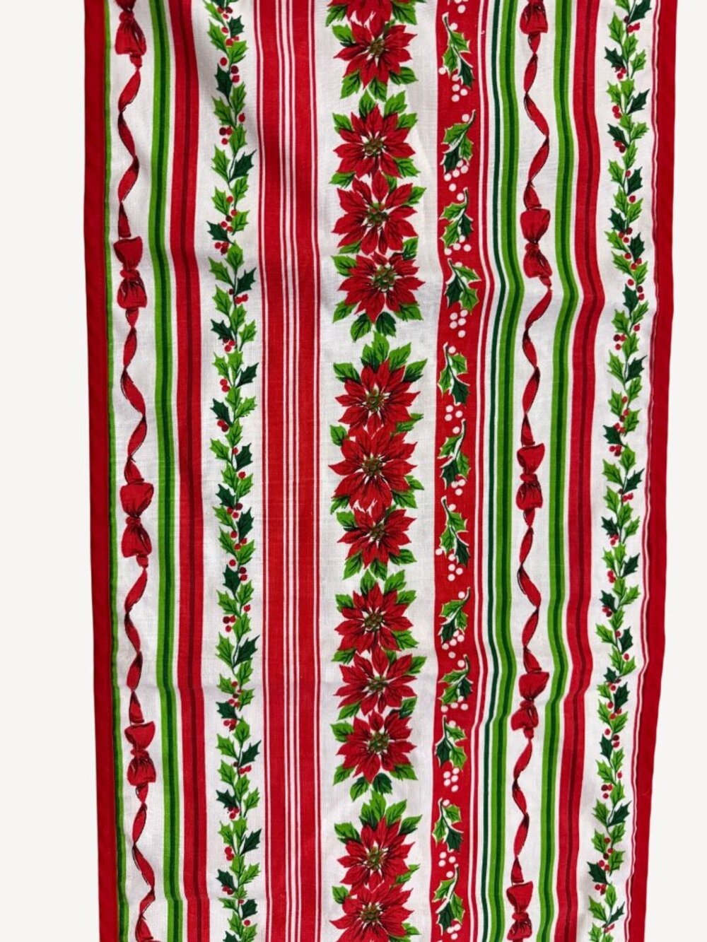 Vintage 1980s Christmas Table Runner 69"x15" Poinsettia Holly Stripes Red Green
